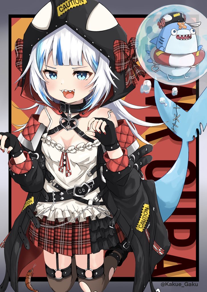 1girl, animal_hood, belt_collar, black_collar, black_gloves, black_jacket, black_shoes, black_thighhighs, bloop_(gawr_gura), blue_eyes, blue_hair, breasts, camisole, character_name, cleavage, collar, cosplay, fingerless_gloves, gawr_gura, gloves, hololive, hololive_english, hood, hood_up, jacket, kakue_gaku, looking_at_viewer, medium_hair, multicolored_hair, nail_polish, open_mouth, orca_hood, red_nails, red_skirt, sakamata_chloe, sakamata_chloe_(1st_costume), sakamata_chloe_(cosplay), shoes, skirt, small_breasts, smile, solo, streaked_hair, teeth, thighhighs, torn_clothes, torn_thighhighs, upper_teeth_only, virtual_youtuber, white_camisole, white_hair