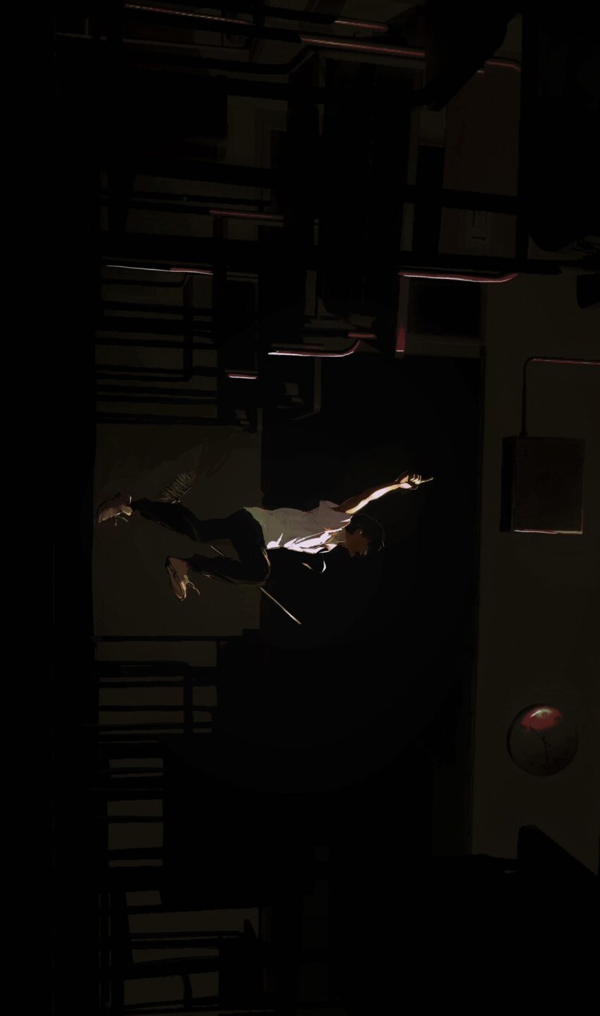 1boy, arm_up, black_hair, broom, classroom, commentary_request, full_body, highres