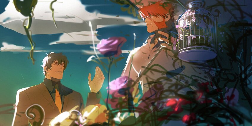 2boys, birdcage, black_necktie, blue_sky, cage, closed_mouth, cloud, facial_hair