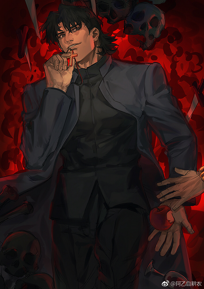 1boy, apple, bitten_apple, black_hair, black_pants, black_shirt, commentary_request, cross