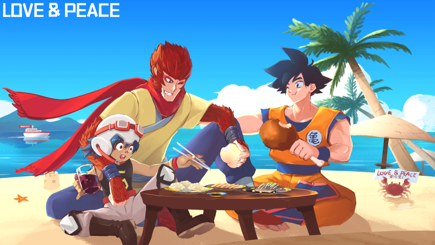 absurdres, arm_around_neck, blue_hair, chicken_(food), chicken_leg, chopsticks, crab, crossover