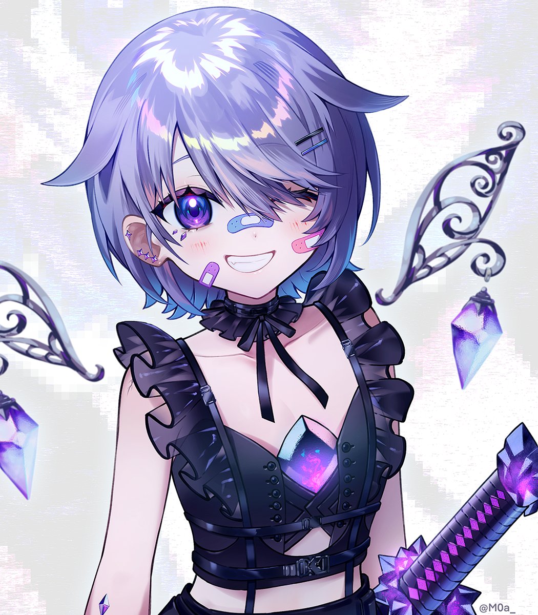 1girl, bandaid, bandaid_on_face, bandaid_on_nose, black_ribbon, chest_jewel, collar, cracked_skin