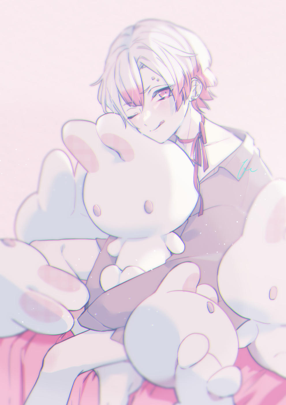 1boy, akuma_shitsuji_to_kuroi_neko, ammon_lead, blanket, bow, brown_shirt, closed_mouth, earrings