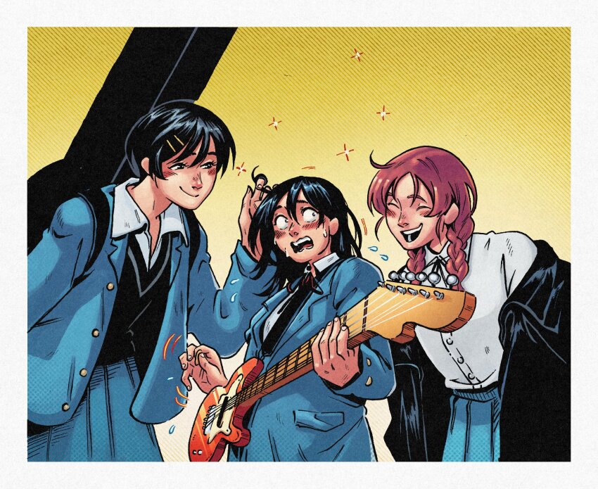 3girls, :d, ^_^, ahoge, artist_collaboration, black_eyes, black_hair, black_jacket