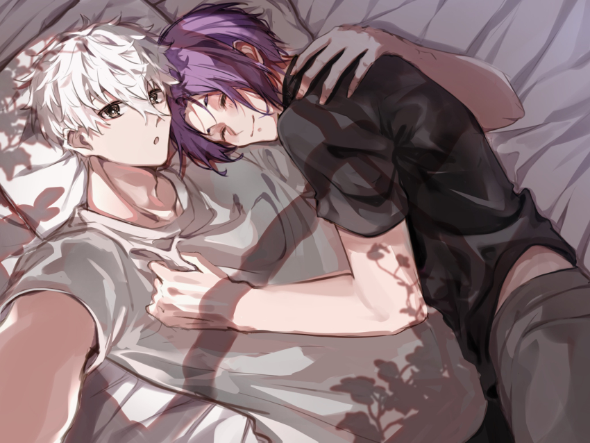 2boys, :o, black_eyes, black_shirt, blue_lock, closed_mouth, grey_pants, hair_between_eyes, hand_on_another's_chest, highres, indoors, looking_at_viewer, lying_on_another, male_focus, mikage_reo, multiple_boys, nagi_seishirou, on_bed, pants, purple_hair, shirt, short_hair, short_sleeves, smile, white_hair, white_shirt, window_shadow, yaoi, yomogi_(user_rvdf7243)
