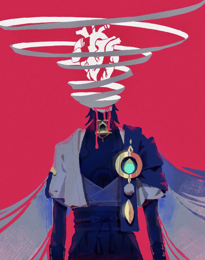 1boy, abstract, alternate_skin_color, arms_at_sides, black_gloves, black_pants, black_shirt, blue_cape, cape, colored_skin, cowboy_shot, cropped_jacket, daydreeaaaming, dissolving, dripping, elbow_gloves, faceless, facing_viewer, genshin_impact, gloves, glowing, halterneck, headless, heart_(organ), highres, jacket, male_focus, missing_headwear, open_clothes, open_jacket, pants, pink_background, pink_liquid, pom_pom_(clothes), sash, scaramouche_(genshin_impact), shirt, short-sleeved_jacket, short_sleeves, side_cape, simple_background, sleeveless, sleeveless_shirt, solo, standing, straight-on, surreal, vision_(genshin_impact), wanderer_(genshin_impact), white_jacket, white_skin