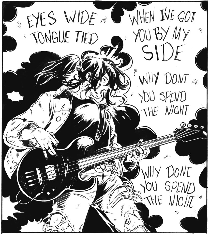 1girl, bad_id, bad_twitter_id, bass_guitar, black_nails, cable, chain, closed_eyes, cowboy_shot, denim, earrings, english_text, greyscale, guitar_strap, high_contrast, highres, holding, holding_bass_guitar, holding_instrument, iceghost, inactive_account, instrument, jacket, jeans, jewelry, long_sleeves, monochrome, multiple_rings, music, open_clothes, open_jacket, open_mouth, original, pants, playing_bass_guitar, playing_instrument, ponytail, ring, shirt, singing, solo, speech_bubble, standing, sweat, torn_clothes, torn_jeans, torn_pants