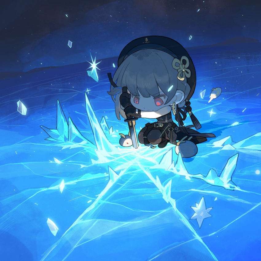 1girl, absurdres, beret, black_gloves, black_hat, black_pantyhose, black_shirt, chibi