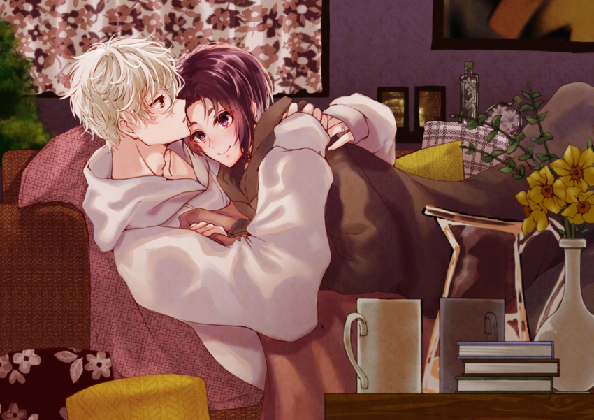 2boys, blue_lock, closed_mouth, couch, daffodil, floral_print, flower, highres