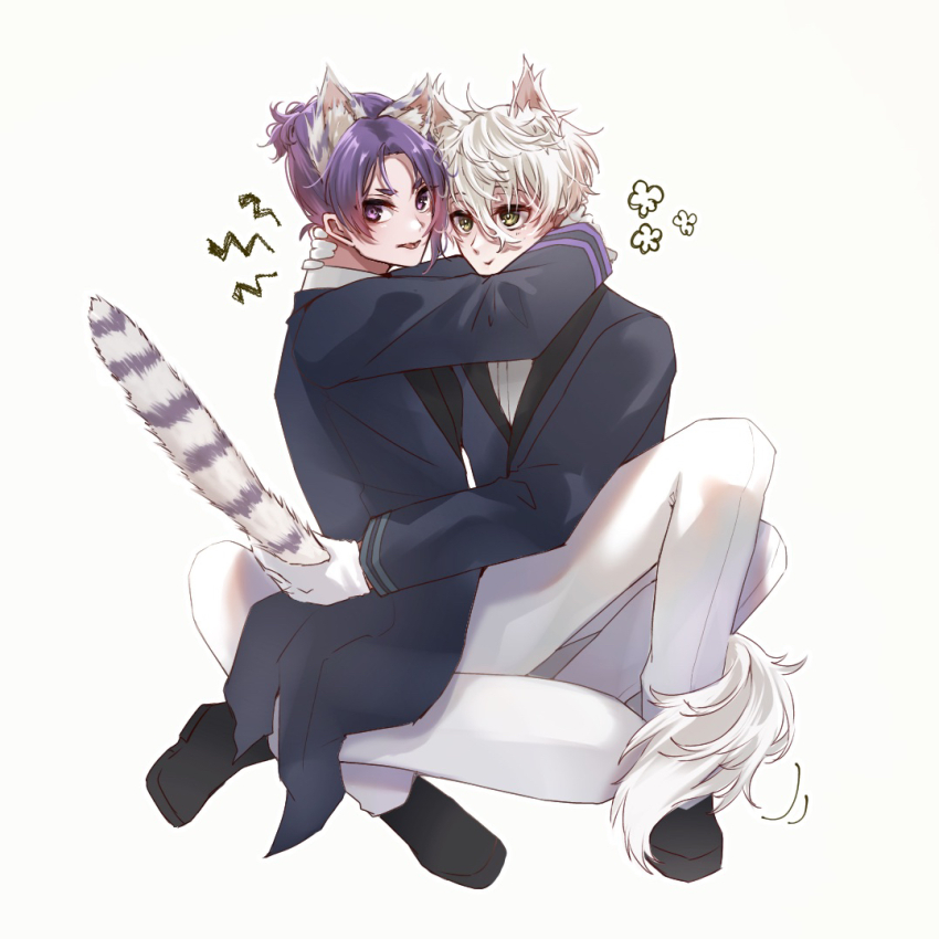 2boys, animal_ears, blue_lock, cat_boy, cat_ears, cat_tail, full_body, long_sleeves, looking_at_viewer, male_focus, mikage_reo, motion_lines, multiple_boys, nagi_seishirou, purple_hair, short_hair, tail, v-shaped_eyebrows, white_background, white_hair, yaoi, yomogi_(user_rvdf7243)