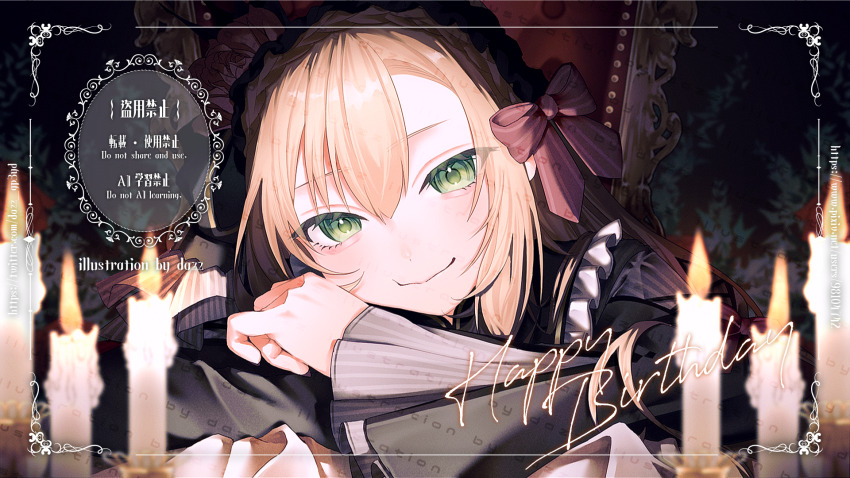 1boy, :t, bishounen, black_dress, black_hairband, blonde_hair, blurry_edges, bow