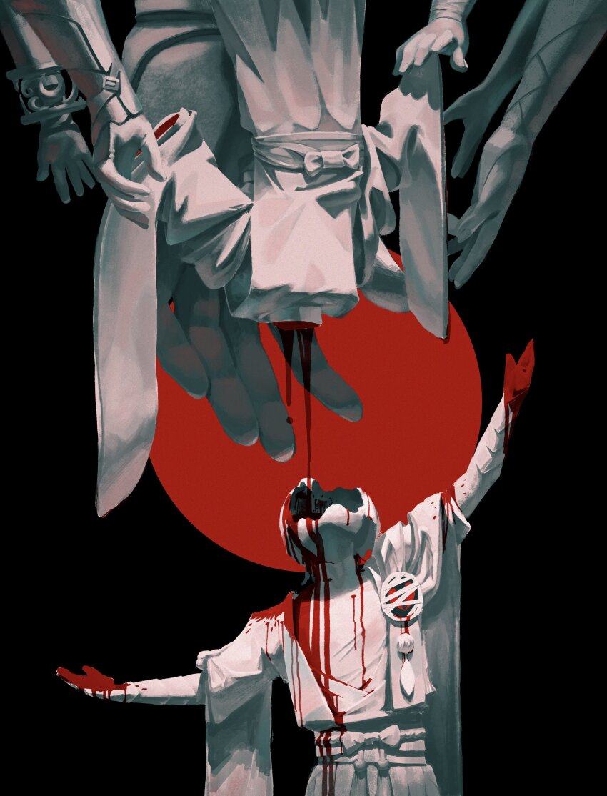 2boys, absurdres, ambiguous_gender, arm_up, black_background, blood, blood_drip, blood_on_clothes, blood_on_hands, broken, broken_heart, cowboy_shot, daydreeaaaming, dripping, dual_persona, faceless, facing_up, film_grain, furisode_sleeves, genshin_impact, head_back, headless, heart, highres, multiple_boys, nahida_(genshin_impact), no_lineart, open_hands, out_of_frame, outstretched_arms, reaching, reaching_towards_another, red_background, rotational_symmetry, sash, scaramouche_(genshin_impact), scaramouche_(kabukimono)_(genshin_impact), short_sleeves, size_difference, spot_color, surreal, too_many_hands, upside-down, wanderer_(genshin_impact)