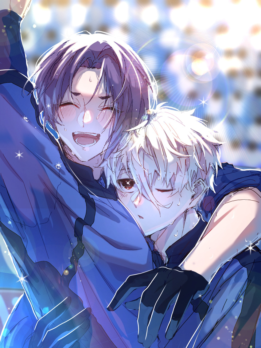 2boys, black_eyes, black_gloves, blue_lock, blurry, blurry_background, blush, closed_eyes