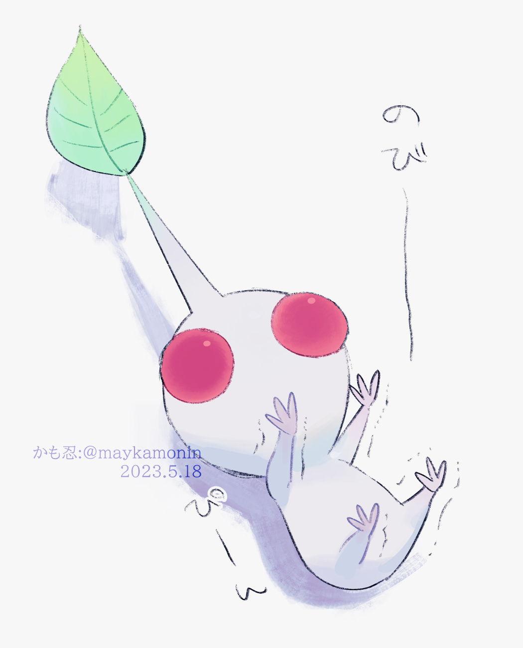 arms_up, artist_name, colored_skin, commentary_request, creature, creature_focus, dated, highres, leaf, legs_up, lying, maykamonin, nintendo, no_humans, no_mouth, on_back, pikmin_(creature), pikmin_(series), red_eyes, shadow, simple_background, solid_circle_eyes, solo, sound_effects, translation_request, trembling, twitter_username, watermark, white_background, white_pikmin, white_skin