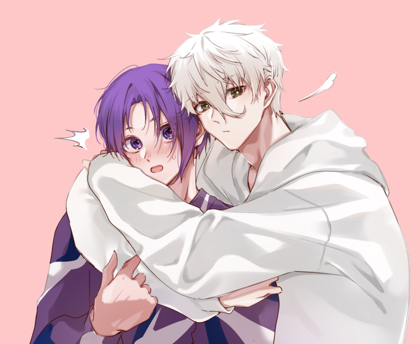 2boys, black_eyes, blue_lock, blush, commentary_request, hair_between_eyes, hood, hood_down