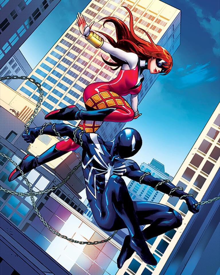 1boy, 1girl, anand_ramcheron, black_bodysuit, blue_sky, bodysuit, building, city, day, jackpot_(marvel), long_hair, marvel, mary_jane_watson, multicolored_bodysuit, outdoors, red_bodysuit, red_hair, sky, skyscraper, spider-man, spider-man_(original_black_suit), spider-man_(series), superhero_costume, symbiote, venom_(marvel), white_bodysuit