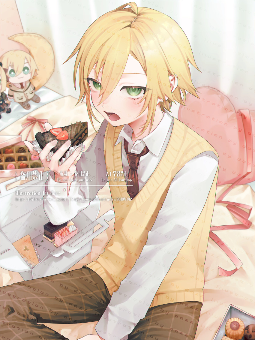 1boy, between_legs, blonde_hair, box, box_of_chocolates, brown_pants, cake, cake_slice