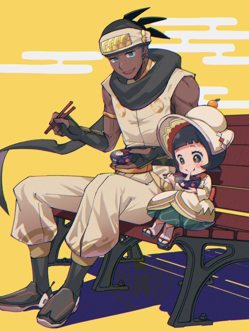 1boy, 1girl, black_hair, blue_eyes, chopsticks, dark-skinned_male, dark_skin, egasumi