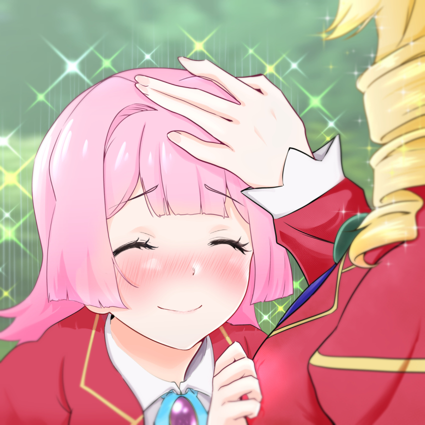 2girls, akuyaku_reijou_tensei_ojisan, anna_doll, blonde_hair, blurry, blurry_background, blush, breasts