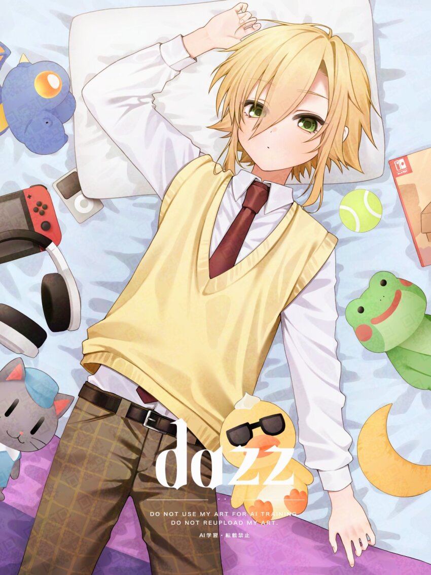 1boy, arm_up, artist_name, bed_sheet, belt, blanket, blonde_hair, brown_belt