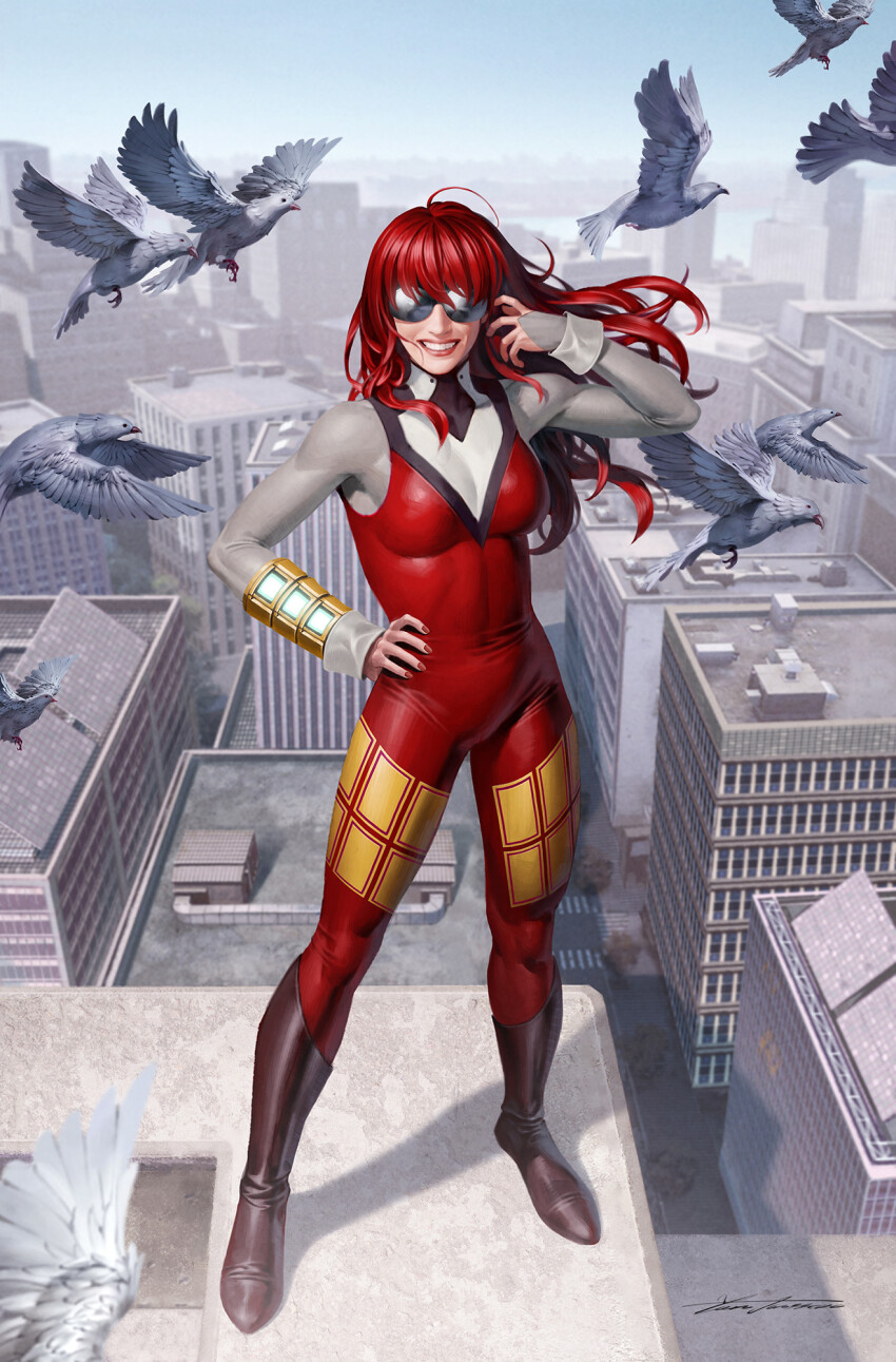 1girl, bird, bodysuit, boots, breasts, brown_footwear, building, day