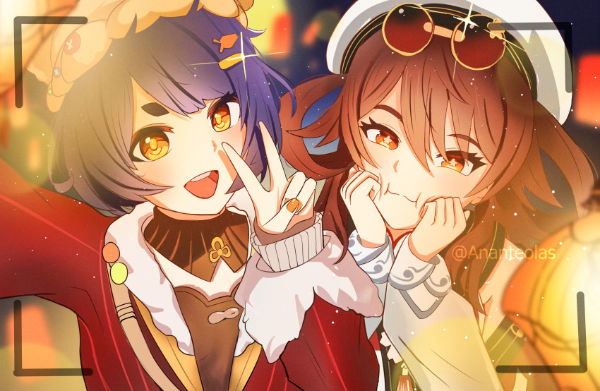 2girls, absurdres, ananteolas, artist_name, black_collar, blue_hair, brown_hair, chinese_clothes, closed_mouth, collar, commentary, detached_sleeves, eyewear_on_head, flower-shaped_pupils, genshin_impact, hair_ornament, hand_up, hands_on_own_cheeks, hands_on_own_face, hands_up, hat, highres, hu_tao_(cherries_snow-laden)_(genshin_impact), hu_tao_(genshin_impact), long_hair, looking_at_viewer, multiple_girls, nail_polish, official_alternate_costume, open_mouth, orange_nails, red-tinted_eyewear, red_eyes, round_eyewear, selfie, short_hair, smile, symbol-shaped_pupils, teeth, thick_eyebrows, tinted_eyewear, upper_body, upper_teeth_only, v, white_hat, xiangling_(genshin_impact), xiangling_(new_year's_cheer)_(genshin_impact), yellow_eyes