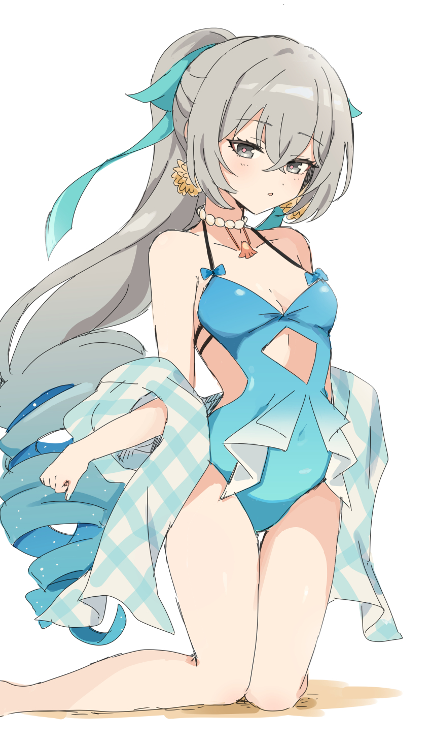 :o, absurdres, awe_(adorableduckyy), bare_legs, bare_shoulders, blue_hair, blue_one-piece_swimsuit, breasts
