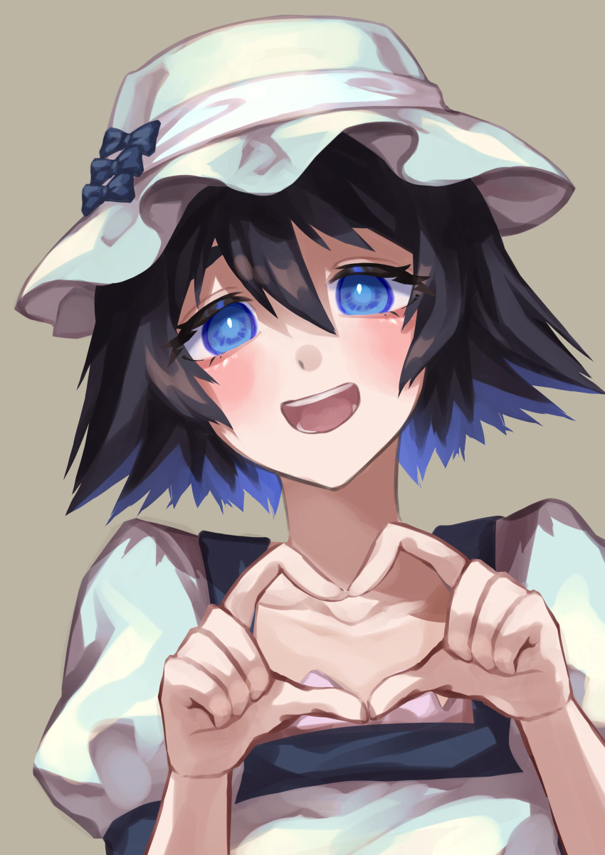 1girl, :d, absurdres, beekan, black_hair, blue_bow, blue_eyes, blue_hat, blue_shirt, blush, bow, four-finger_heart_hands, grey_background, hat, hat_bow, heart, heart_hands, highres, open_mouth, science_adventure, shiina_mayuri, shirt, short_hair, simple_background, smile, solo, steins;gate, teeth, upper_body