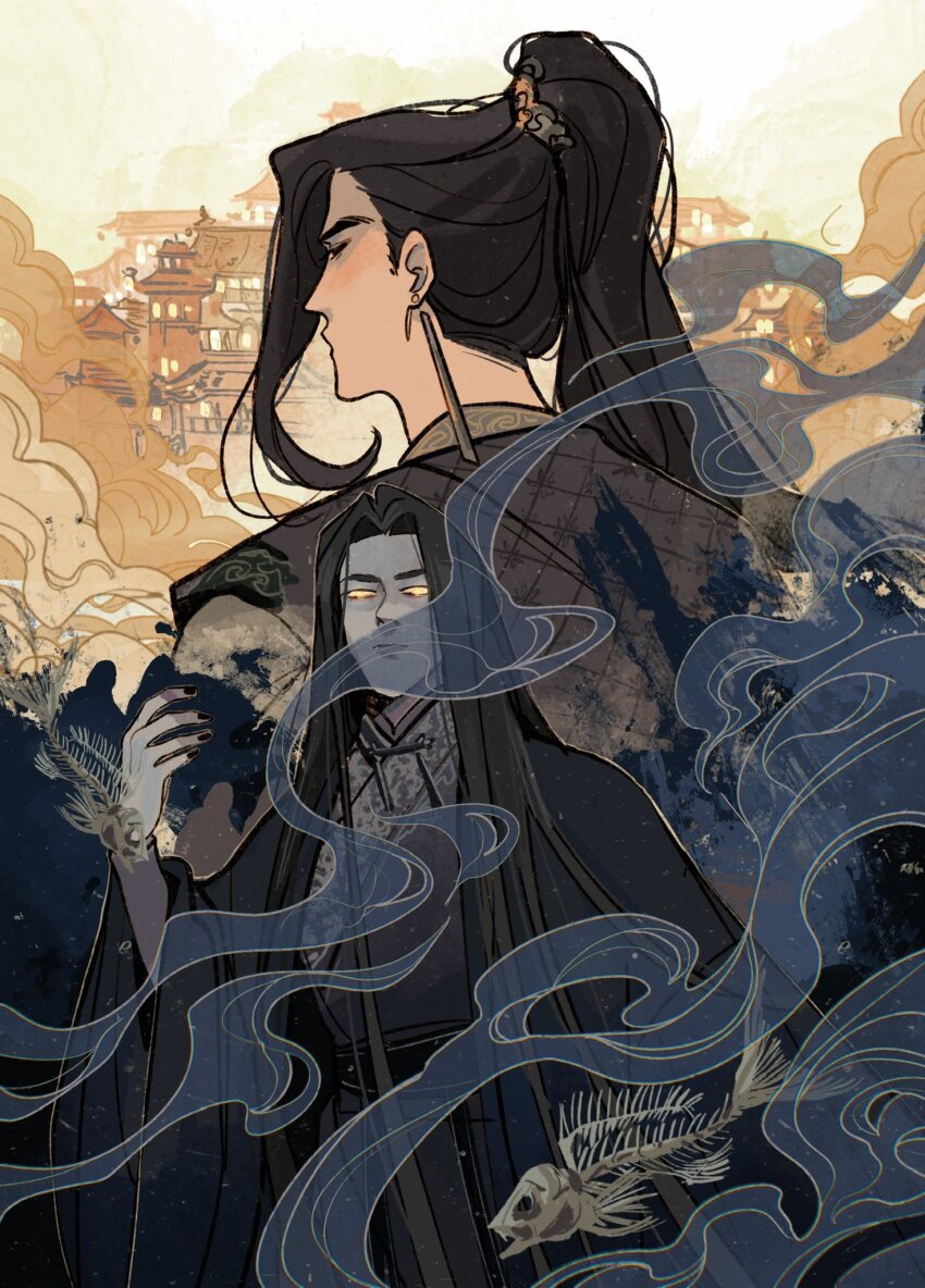 2boys, architecture, black_eyes, black_hair, black_hanfu, black_nails, building, chinese_clothes