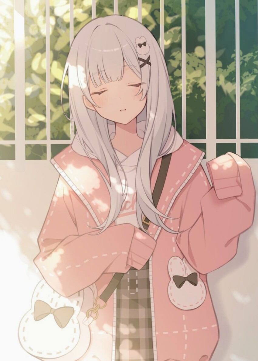 1girl, amai_melo, animal_bag, bag, black_bow, black_skirt, bow, bush, closed_eyes, dappled_sunlight, day, facing_viewer, fence, hair_ornament, hair_over_shoulder, highres, hood, hood_down, hoodie, jacket, long_hair, long_sleeves, official_alternate_hairstyle, open_clothes, open_jacket, osanpo_usa-chan_coord_(project_sekai), outdoors, parted_lips, pink_jacket, plaid_clothes, plaid_skirt, project_sekai, puffy_long_sleeves, puffy_sleeves, rabbit_bag, shoulder_bag, skirt, sleeves_past_fingers, sleeves_past_wrists, solo, sunlight, teeth, u_u, upper_body, upper_teeth_only, white_bag, white_hoodie, x_hair_ornament, yoisaki_kanade