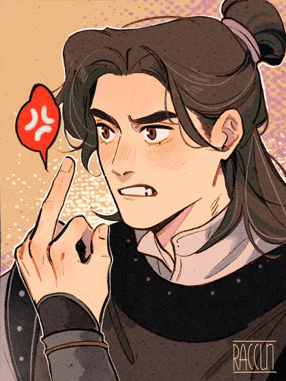 1boy, anger_vein, brown_eyes, brown_hair, brown_hanfu, chinese_clothes, clenched_teeth, feng_xin