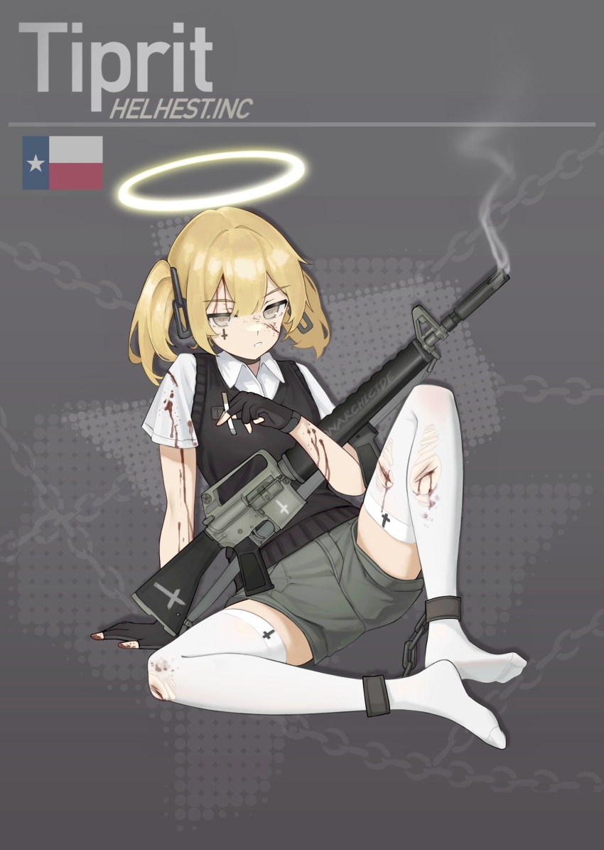 1girl, absurdres, assault_rifle, black_gloves, black_sweater_vest, blonde_hair, blood, blood_from_forehead