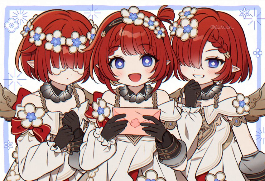 3girls, :d, black_gloves, blue_eyes, braid, clunch, commentary, cross-shaped_pupils, envelope, flower, gloves, grin, hair_flower, hair_ornament, hashtag-only_commentary, highres, holding, holding_envelope, honkai:_star_rail, honkai_(series), long_sleeves, looking_at_viewer, multiple_girls, off_shoulder, open_mouth, pointy_ears, puffy_long_sleeves, puffy_sleeves, red_hair, short_hair, smile, symbol-shaped_pupils, teeth, tribbie_(honkai:_star_rail)