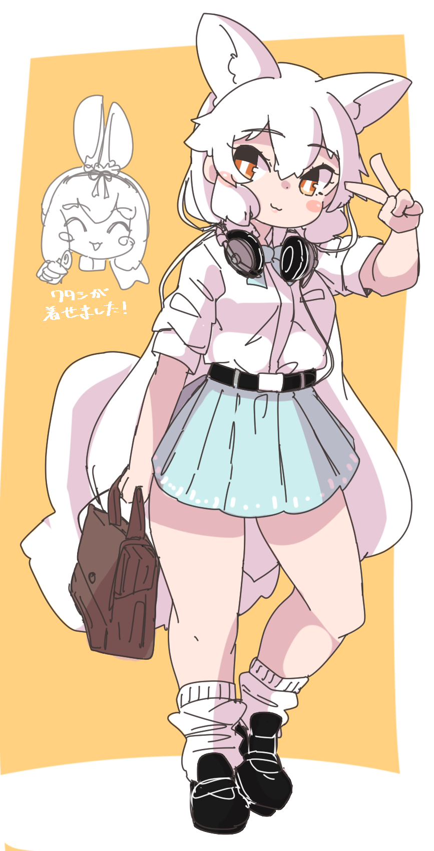 2girls, :3, adapted_costume, animal_ears, arctic_fox_(kemono_friends), bag, black_footwear, blue_bow