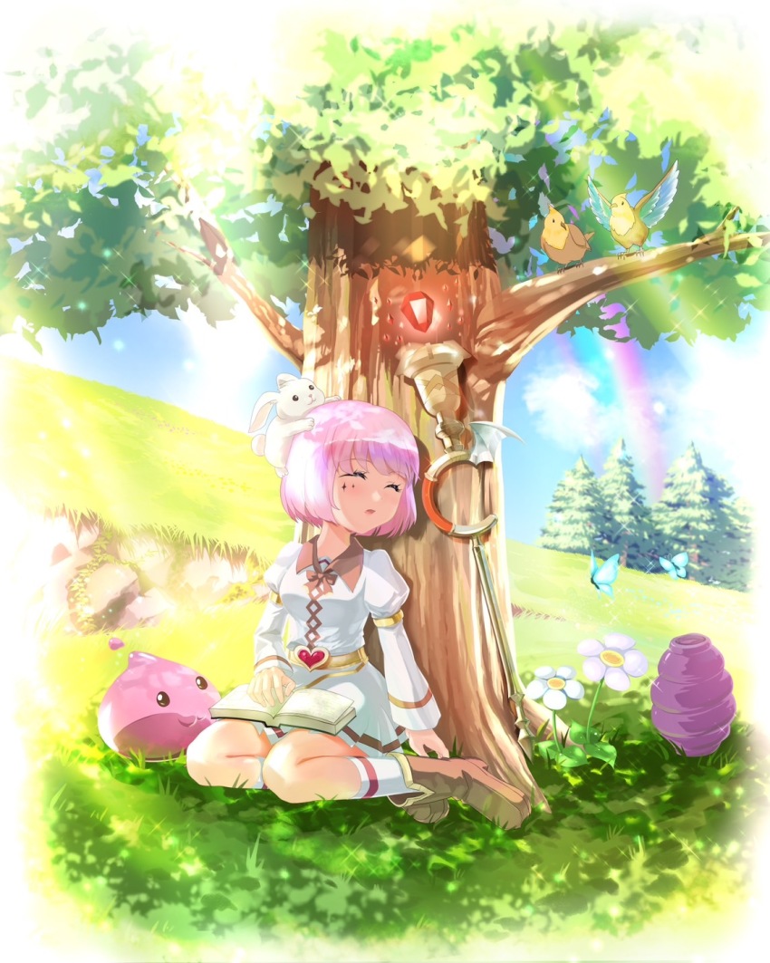 1girl, bird, blue_butterfly, blush, book, bug, butterfly, closed_eyes