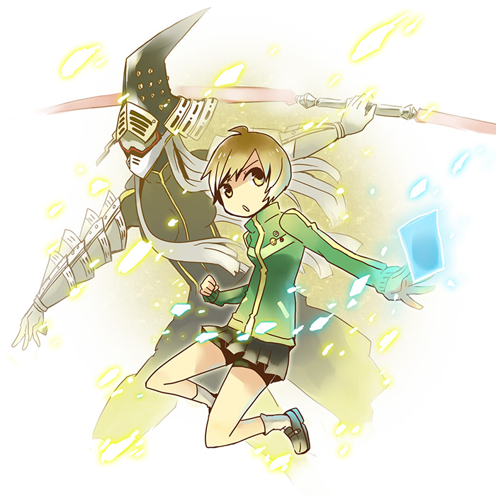 atlus, brown_hair, jacket, menoko, persona, persona_4, satonaka_chie, school_uniform