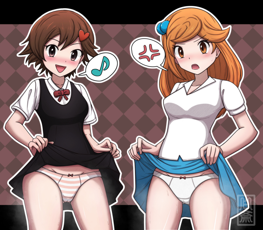 2girls, black_shirt, blush, brown_hair, cameltoe, clothes_lift, commission, cowboy_shot, hair_bobbles, hair_ornament, hairclip, hakusai_(user_nkkd7242), lass_(pokemon), lass_(pokemon_frlg), lass_(pokemon_hgss), multiple_girls, nintendo, open_mouth, orange_hair, panties, pokemon, pokemon_firered_and_leafgreen, pokemon_heartgold_and_soulsilver, shirt, skeb_commission, skirt, skirt_lift, standing, striped_clothes, striped_panties, swept_bangs, underwear, white_shirt
