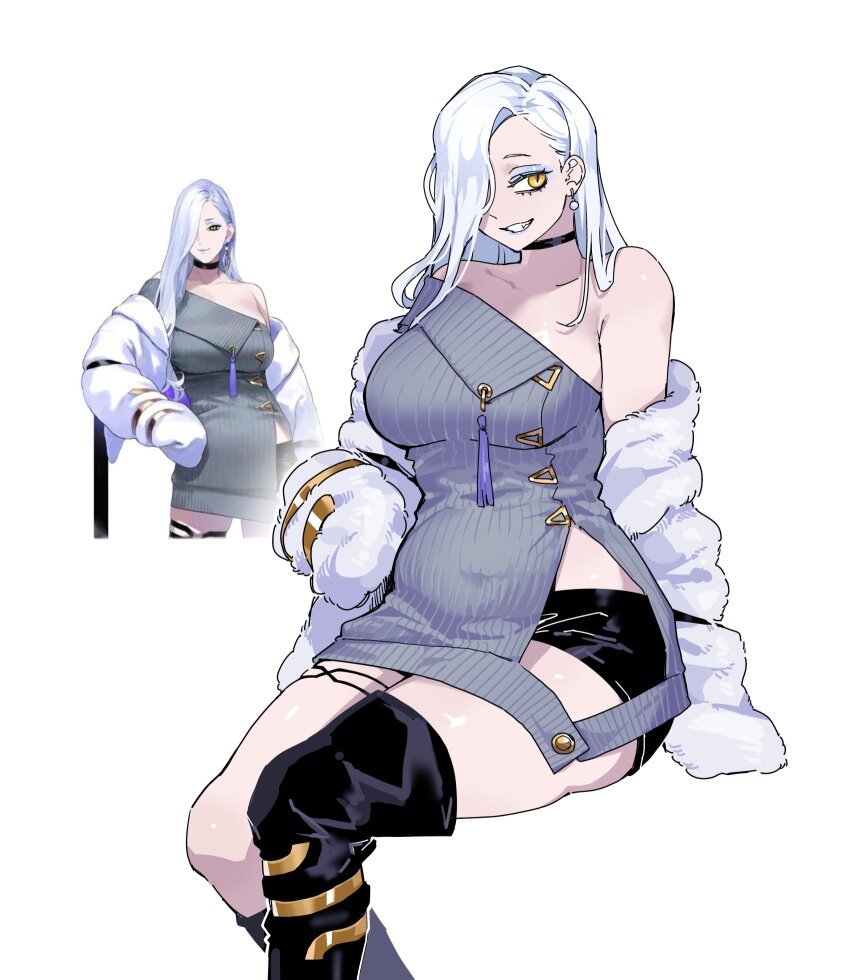 1girl, bare_shoulders, blue_lips, breasts, choker, collarbone, ddwiyong, dress