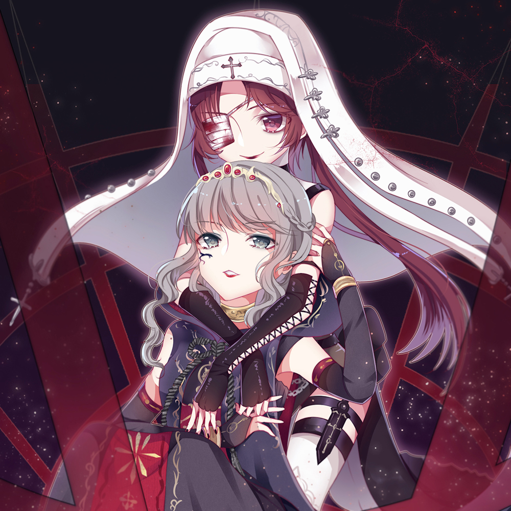 2girls, arm_warmers, arms_around_neck, bare_shoulders, black_arm_warmers, black_background, black_dress, black_nails