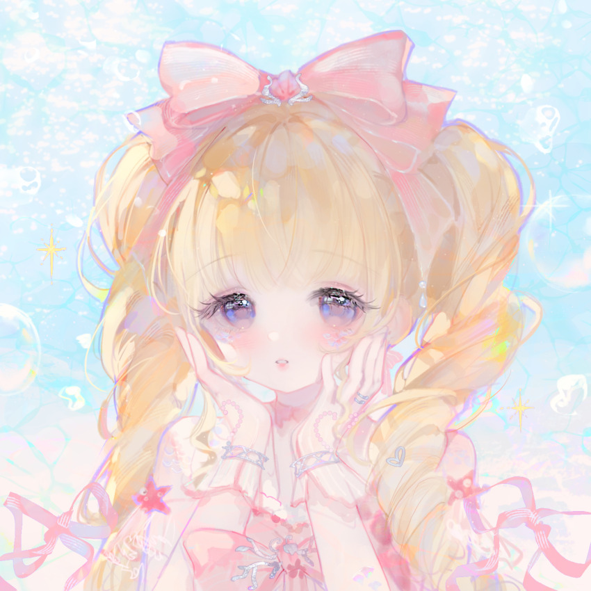 1girl, bare_shoulders, blonde_hair, blue_eyes, blunt_bangs, bow, bowtie, brooch