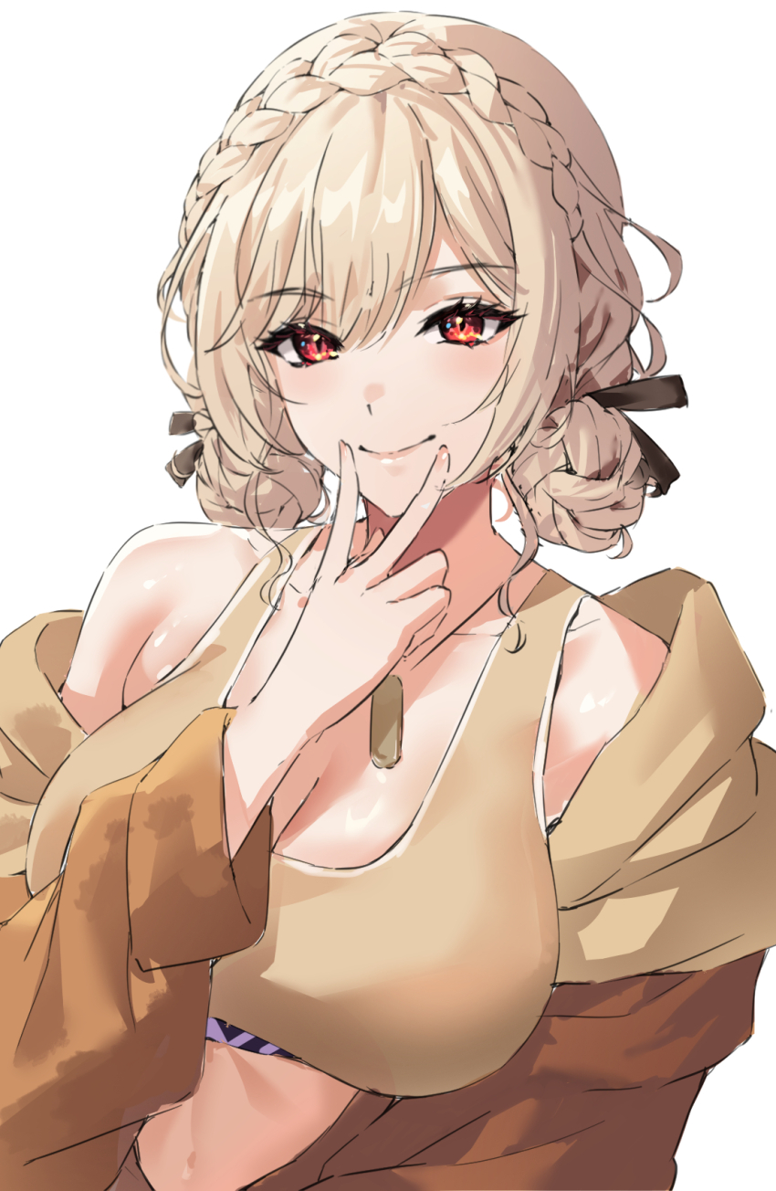 1girl, abe-chan, bare_shoulders, braid, breasts, brown_hair, brown_sports_bra, crown_braid