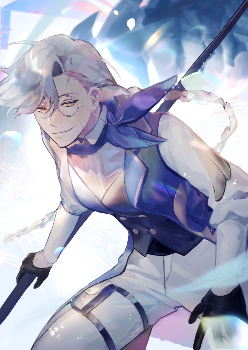 black_gloves, blue_scarf, braid, braided_ponytail, gloves, helga_(lord_of_heroes), highres, holding