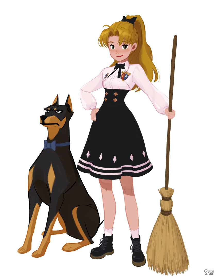 1girl, absurdres, badge, black_dress, black_footwear, blonde_hair, bow, bowtie