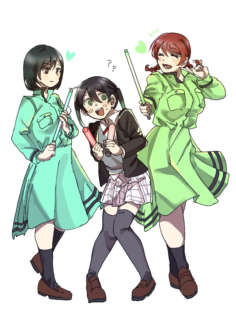 3girls, :d, ?, ??, anegoma567, black_hair, black_jacket, black_socks