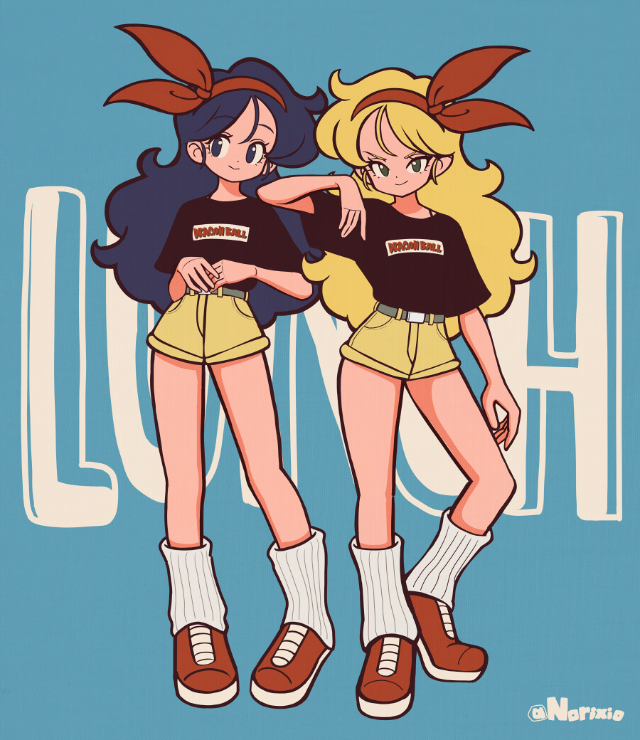 2girls, artist_name, belt, black_shirt, blonde_hair, blue_background, blue_eyes, blue_hair