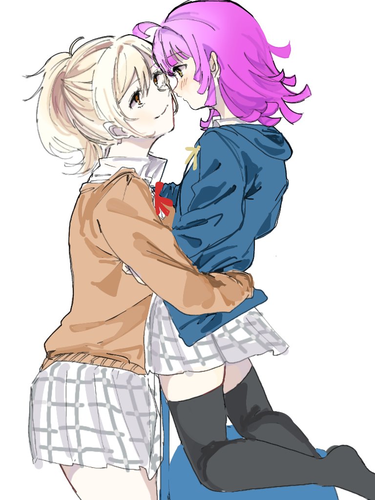 2girls, ahoge, anegoma567, blonde_hair, blue_jacket, blunt_ends, blush, brown_jacket