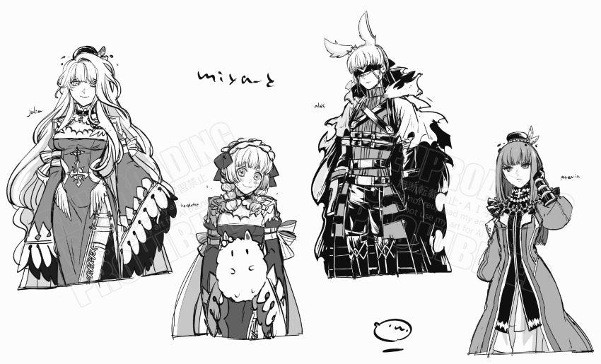 1boy, 3girls, :3, animal, animal_ears, blindfold, bow, braid