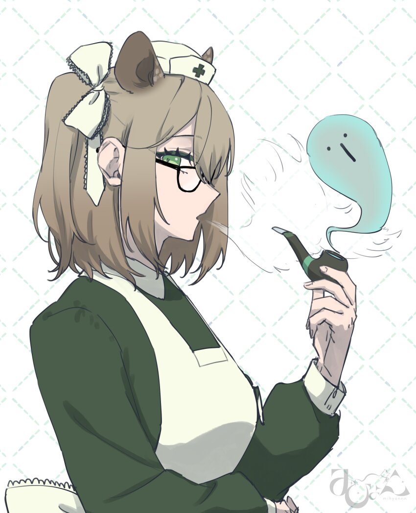 1girl, absurdres, apron, dress, glasses, green_dress, hat, highres, holding, holding_smoking_pipe, indie_virtual_youtuber, long_sleeves, medium_hair, mihyonnn, nimi_nightmare, nimi_nightmare_(1st_costume), nurse_cap, one_side_up, smoke, smoking, smoking_pipe, solo, tapir, tapir_girl, virtual_youtuber