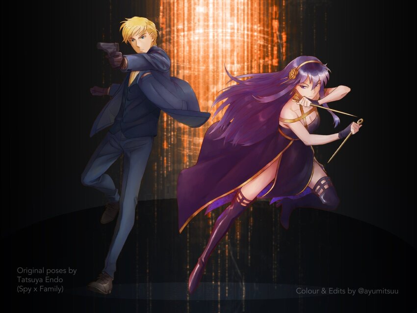 1boy, 1girl, aiming, ayra_(fire_emblem), ayumitsuu, black_dress, black_hair, black_thighhighs