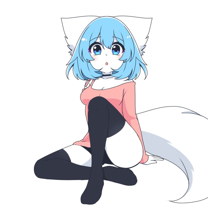 1girl, :o, animal_ears, arm_support, bare_shoulders, black_choker, black_panties, black_thighhighs, blue_eyes, blue_hair, blush, bob_cut, breasts, choker, cleavage, collarbone, colored_skin, commentary, dot_nose, english_commentary, full_body, furry, furry_female, hair_between_eyes, highres, indie_virtual_youtuber, knee_up, light_blush, long_shirt, long_sleeves, looking_at_viewer, medium_breasts, no_shoes, off-shoulder_shirt, off_shoulder, panties, parted_lips, pink_shirt, shirt, short_hair, simple_background, sitting, solo, tail, thighhighs, thighs, underwear, virtual_youtuber, white_background, white_fur, wolf_ears, wolf_girl, wolf_tail, wolfychu, wolfychu_(artist)